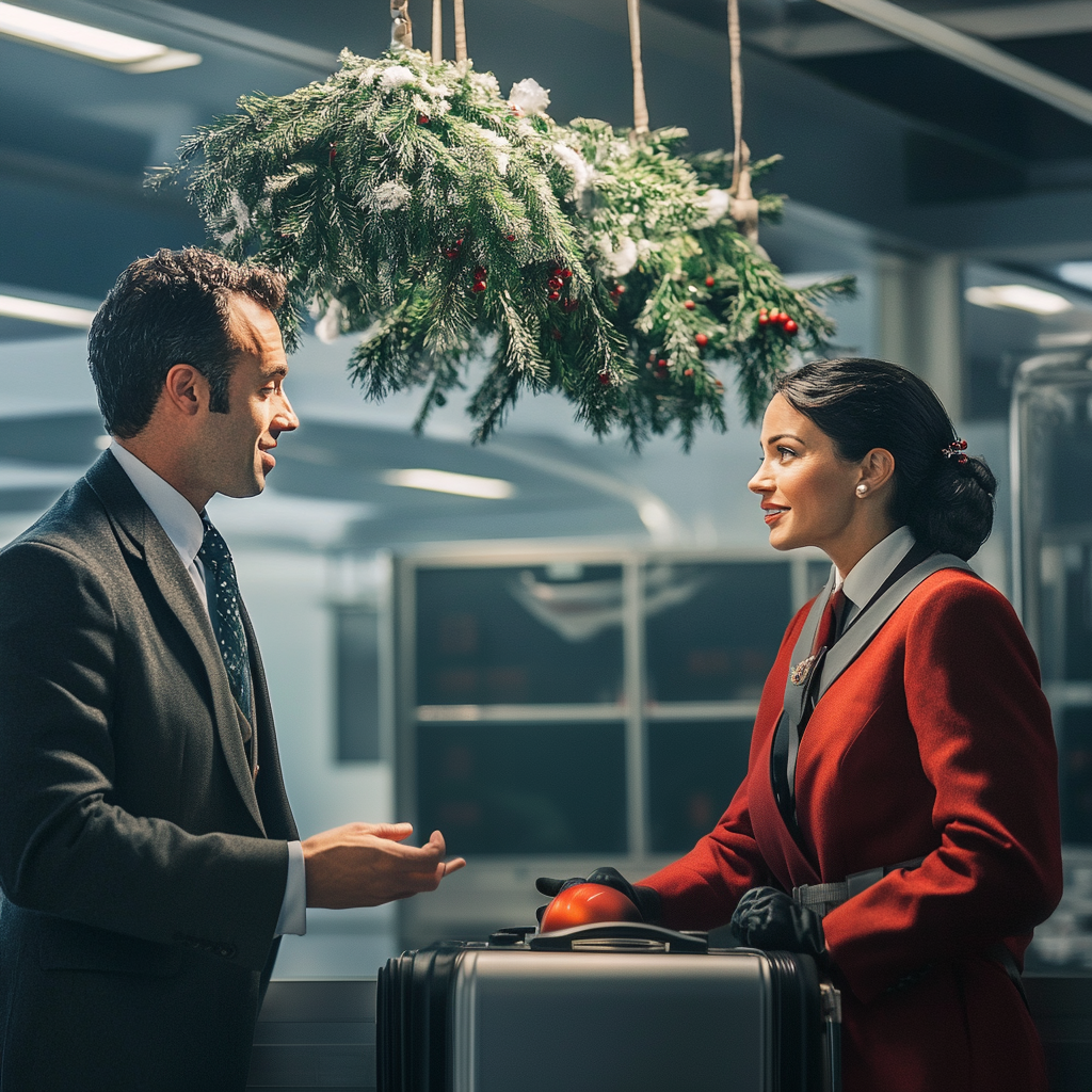 Man talking to airline attendant at the luggage area | Source: Midjourney