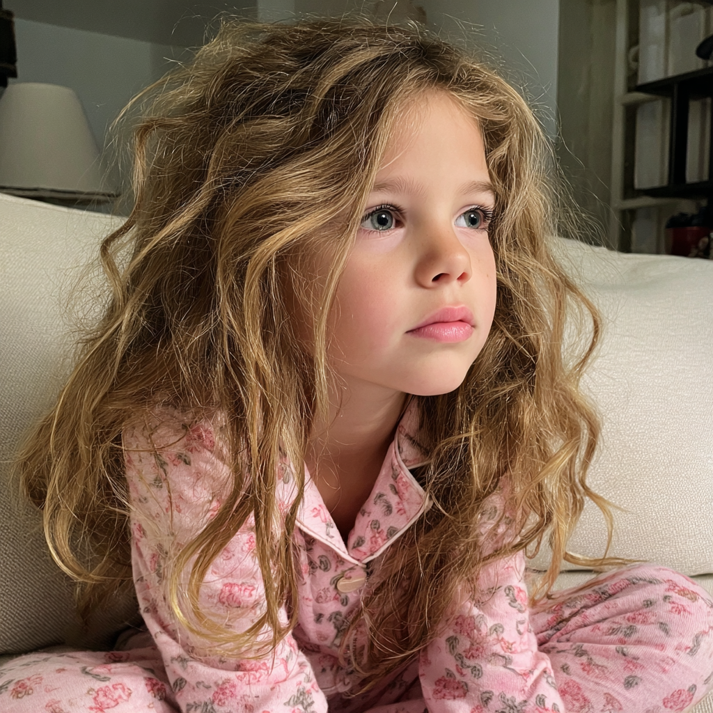 A little girl sitting on a couch | Source: Midjourney