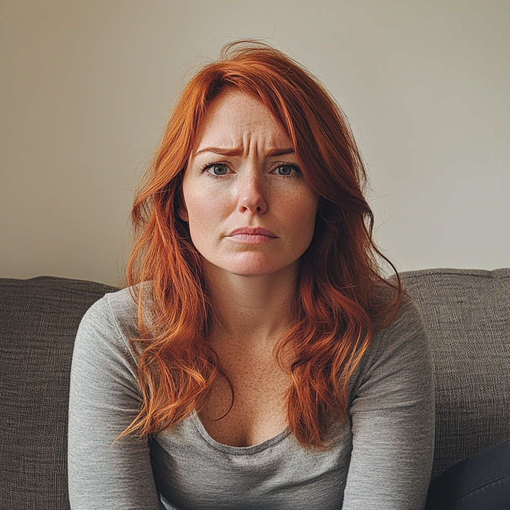 An upset woman sitting on a couch | Source: Midjourney