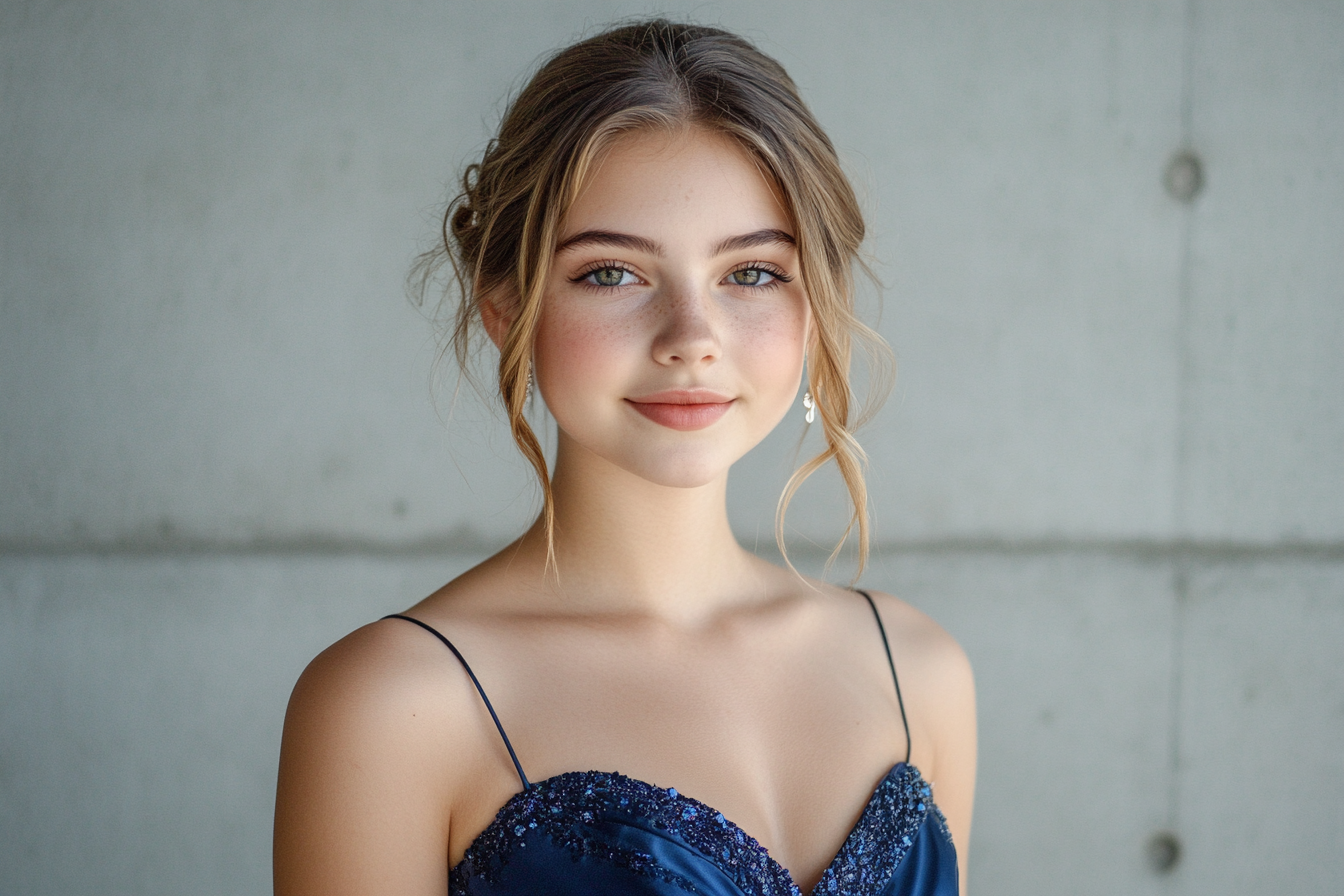 A girl wearing a dark blue prom dress | Source: Midjourney