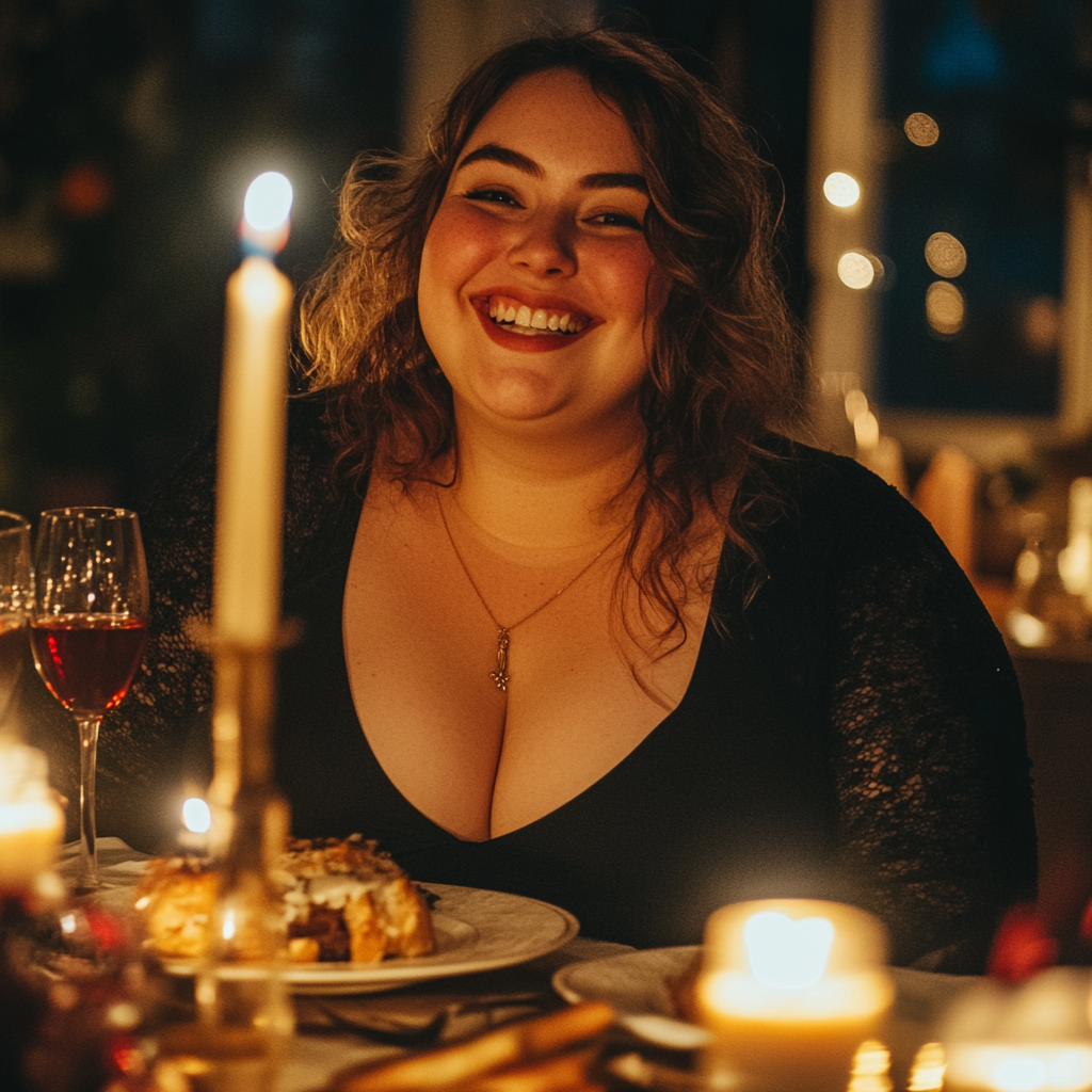 A woman smiling during her birthday dinner | Source: Midjourney