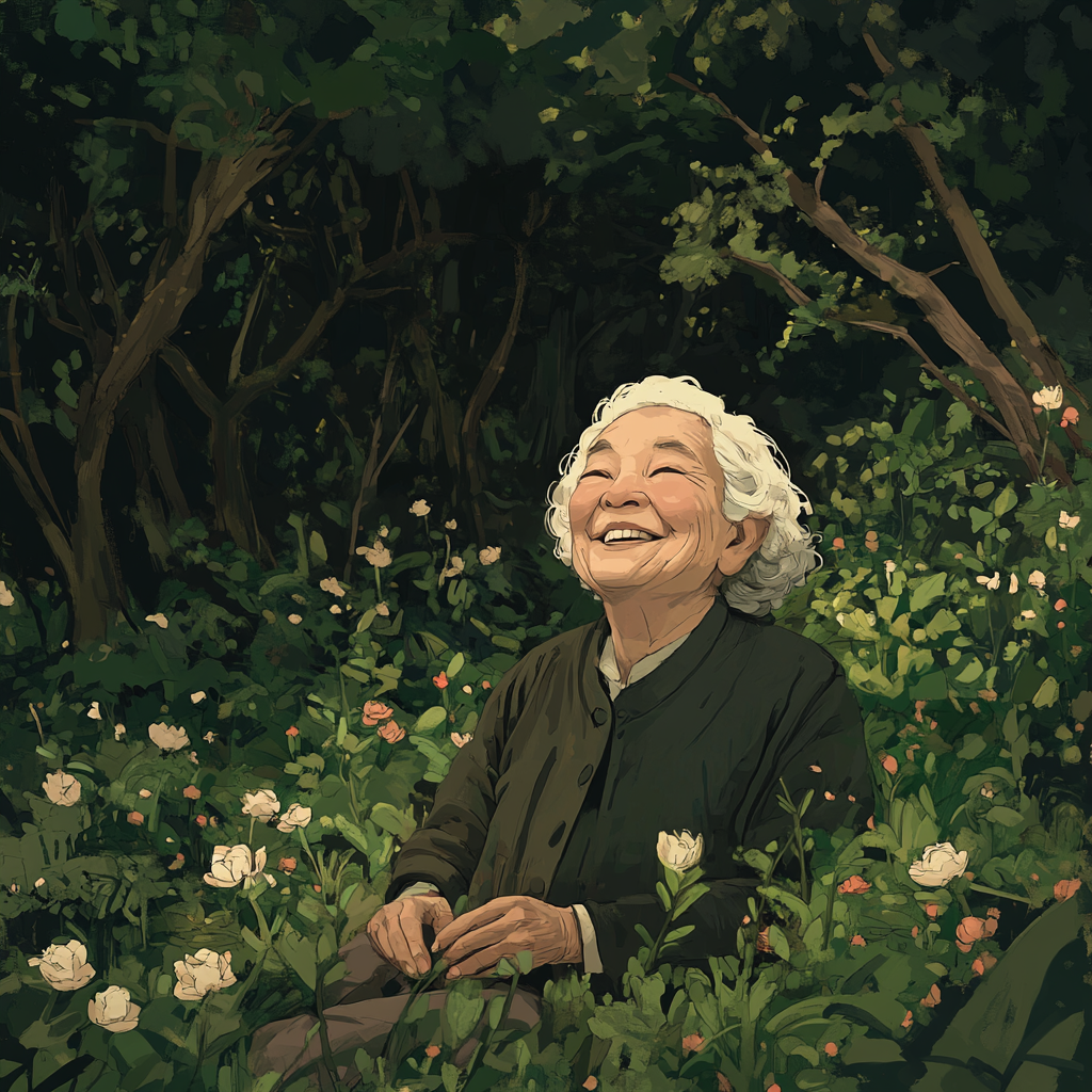 A smiling old woman sitting in a forest | Source: Midjourney