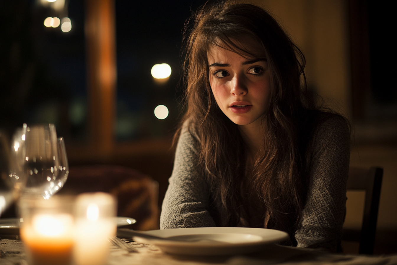 An emotional young woman sitting at a dinner table | Source: Midjourney