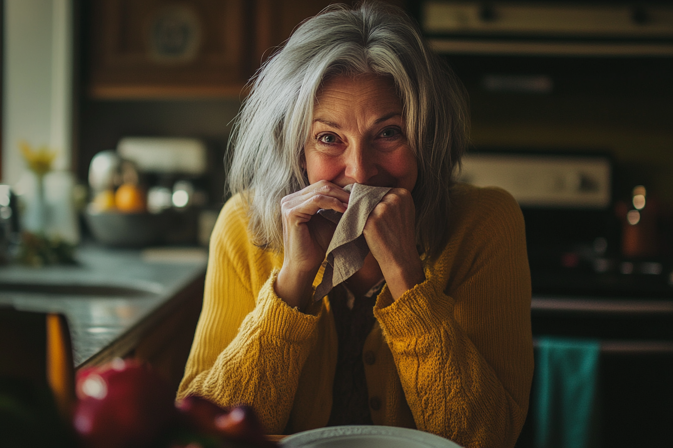 Woman in her 50s dabs napkin on mouth during dinner | Source: Midjourney