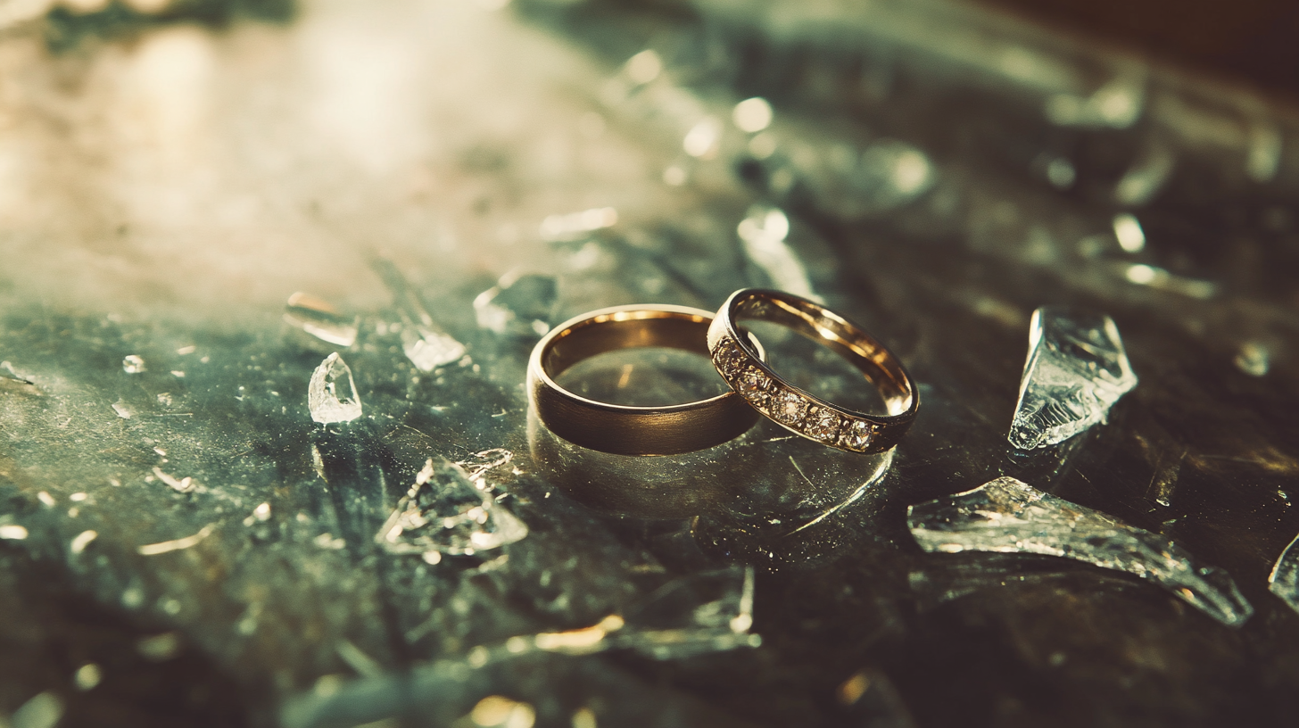 Two rings near broken pieces of glass | Source: Midjourney