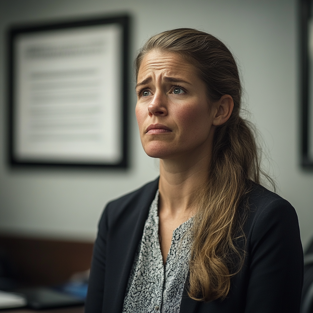 An emotional and teary-eyed woman standing in a lawyer's office | Source: Midjourney