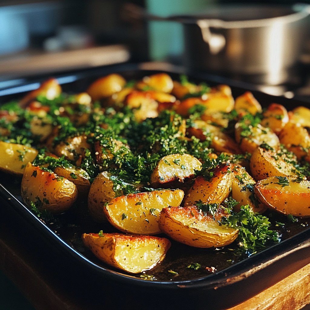 A platter of roast potatoes | Source: Midjourney