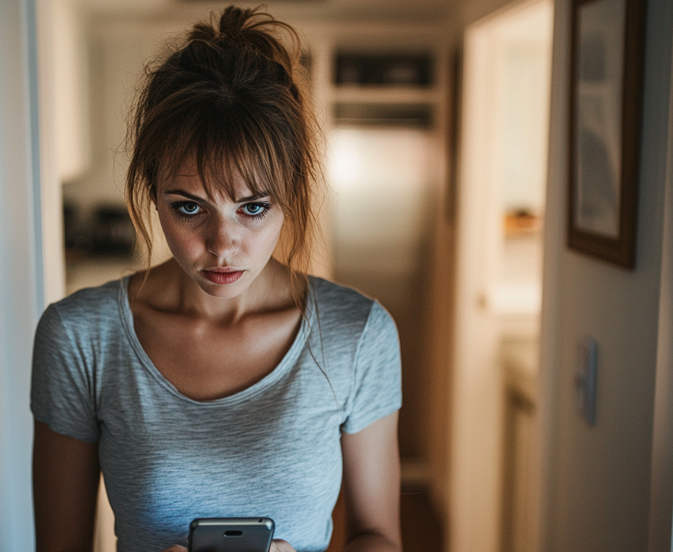 Une femme dans un couloir regarde son téléphone | Source : Midjourney