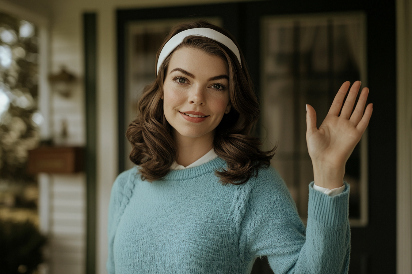 Woman in her 30s on the front porch waving with a smile | Source: Midjourney