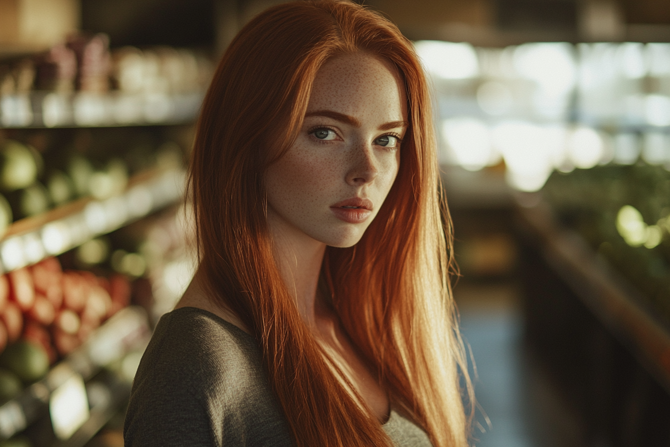 A woman standing in the produce section of a grocery store, looking confused | Source: Midjourney