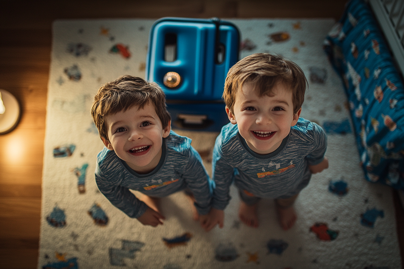 Twin 7-year-old boys in pajamas in a bedroom with a blue suitcase | Source: Midjourney