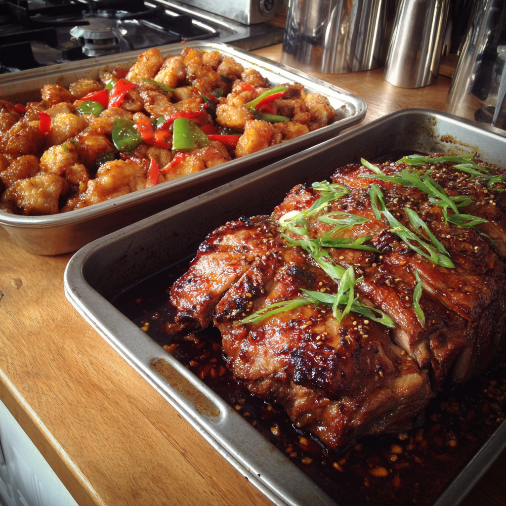 Trays of food on a kitchen counter | Source: Midjourney