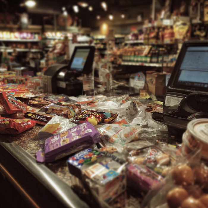 Grocery items on a checkout counter at a store | Source: Midjourney