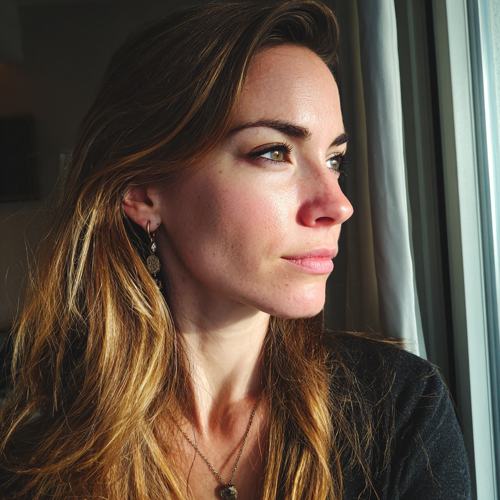 A pensive woman looking out a window | Source: Midjourney