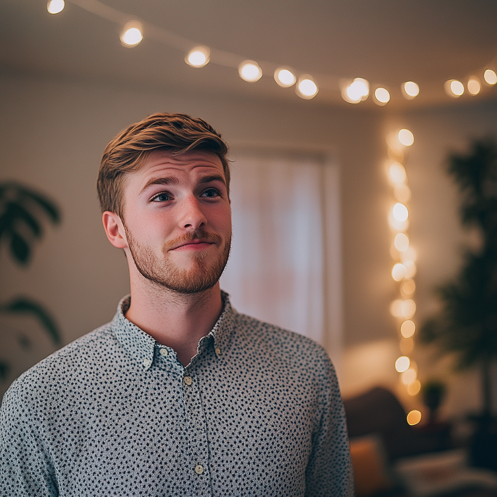 A man looks a bit confused while standing in a living room | Source: Midjourney