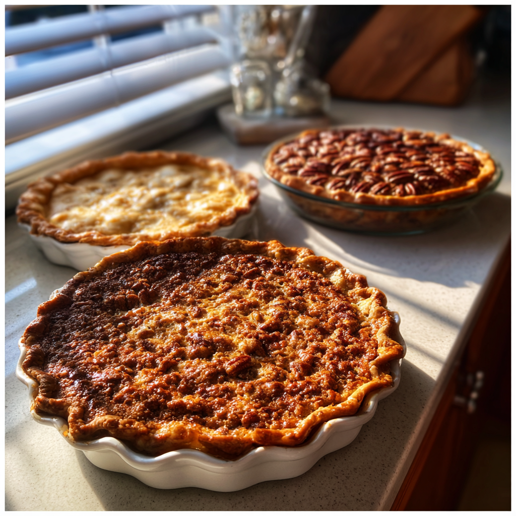 Three baked pies on a kitchen counter | Source: Midjourney