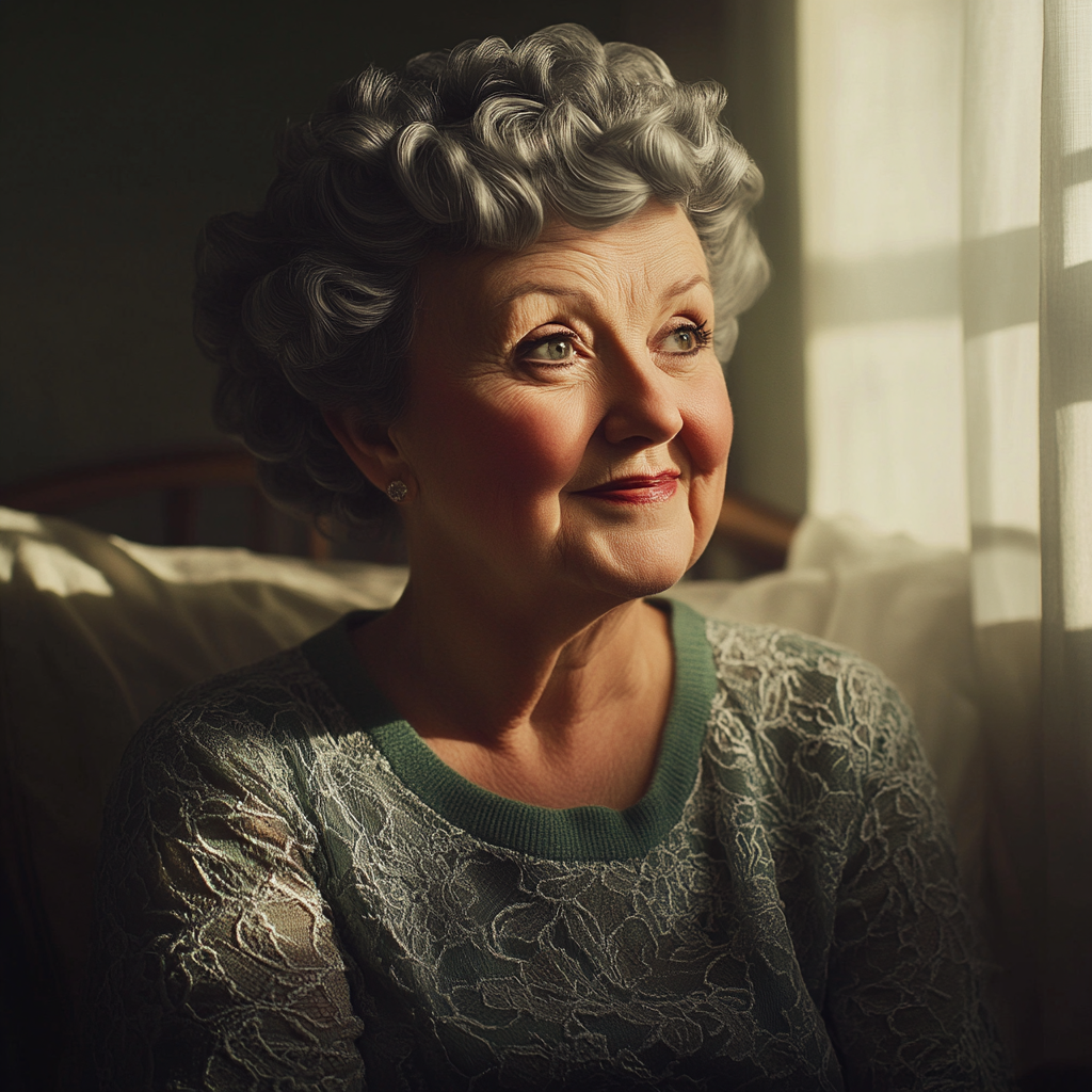 A smiling older woman sitting on her bed on a pleasant morning | Source: Midjourney