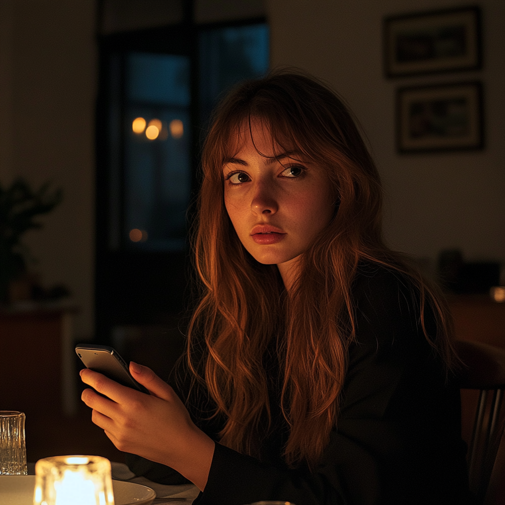 A woman sitting at a dinner table with her phone | Source: Midjourney