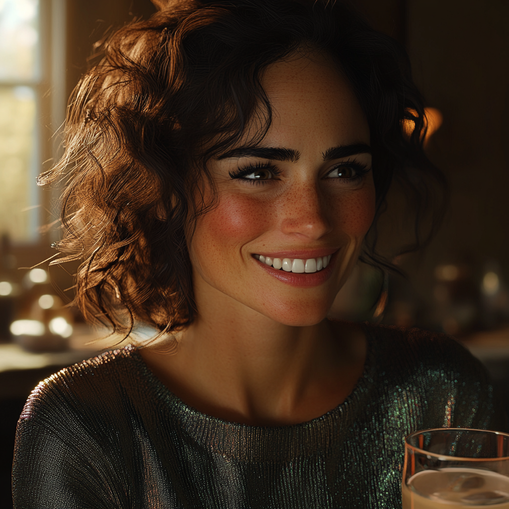 A smiling woman holding a glass of lemonade | Source: Midjourney