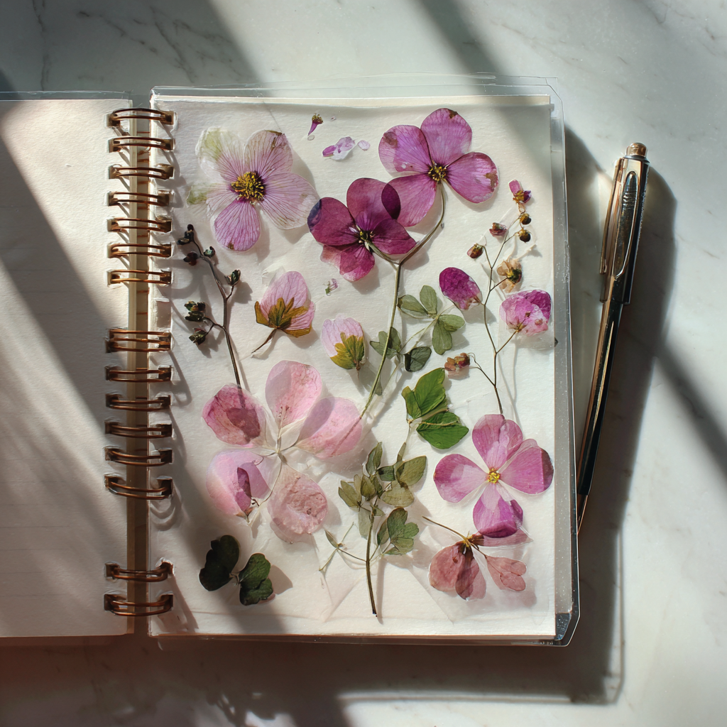 Pressed flowers in a sketchbook | Source: Midjourney