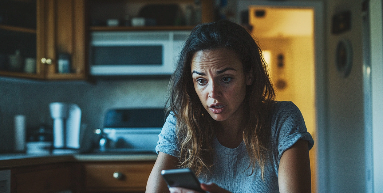 A woman staring at her phone in shock | Source: Midjourney