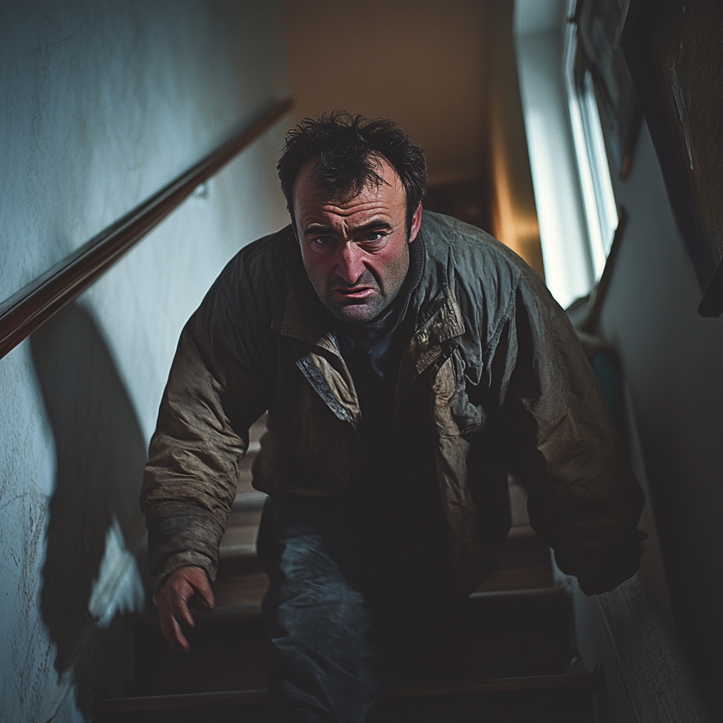 An angry man rushing up the stairs | Source: Midjourney