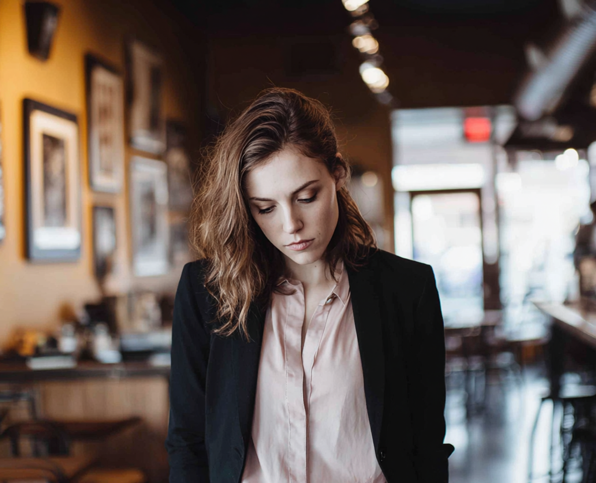 Emocjonalna kobieta patrząca na ziemię | Źródło: Midjourney