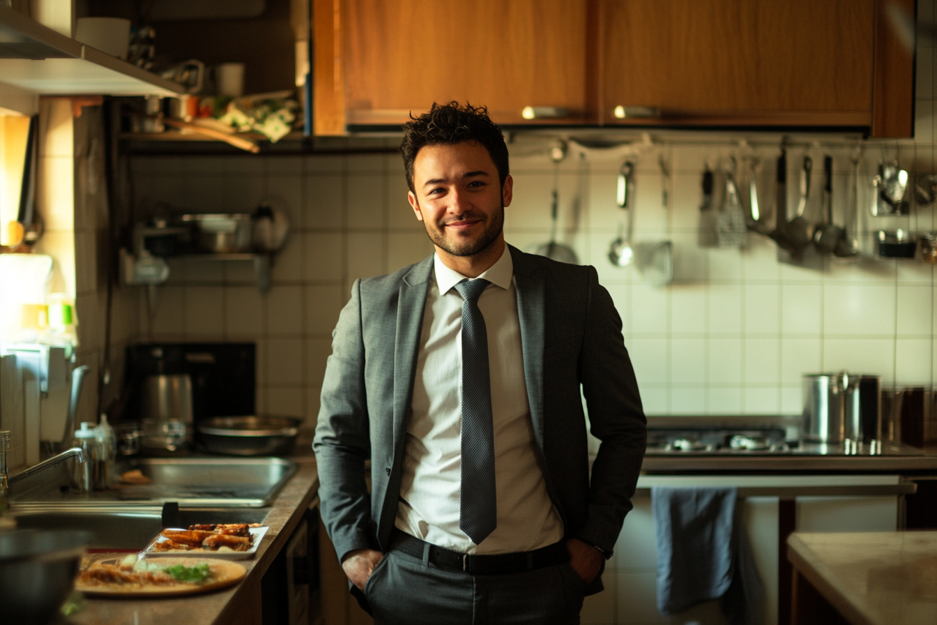 Un homme souriant dans une cuisine | Source : Midjourney