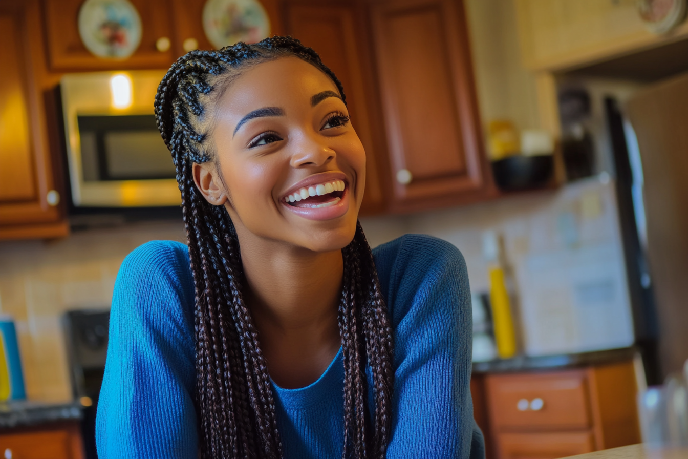 A woman smiling while speaking to someone | Source: Midjourney