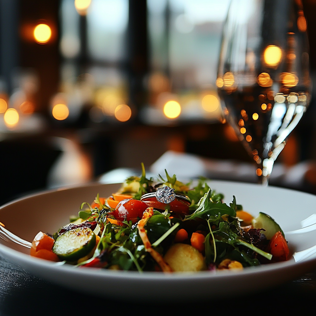 A diamond ring lying on a plate of salad on a restaurant table | Source: Midjourney