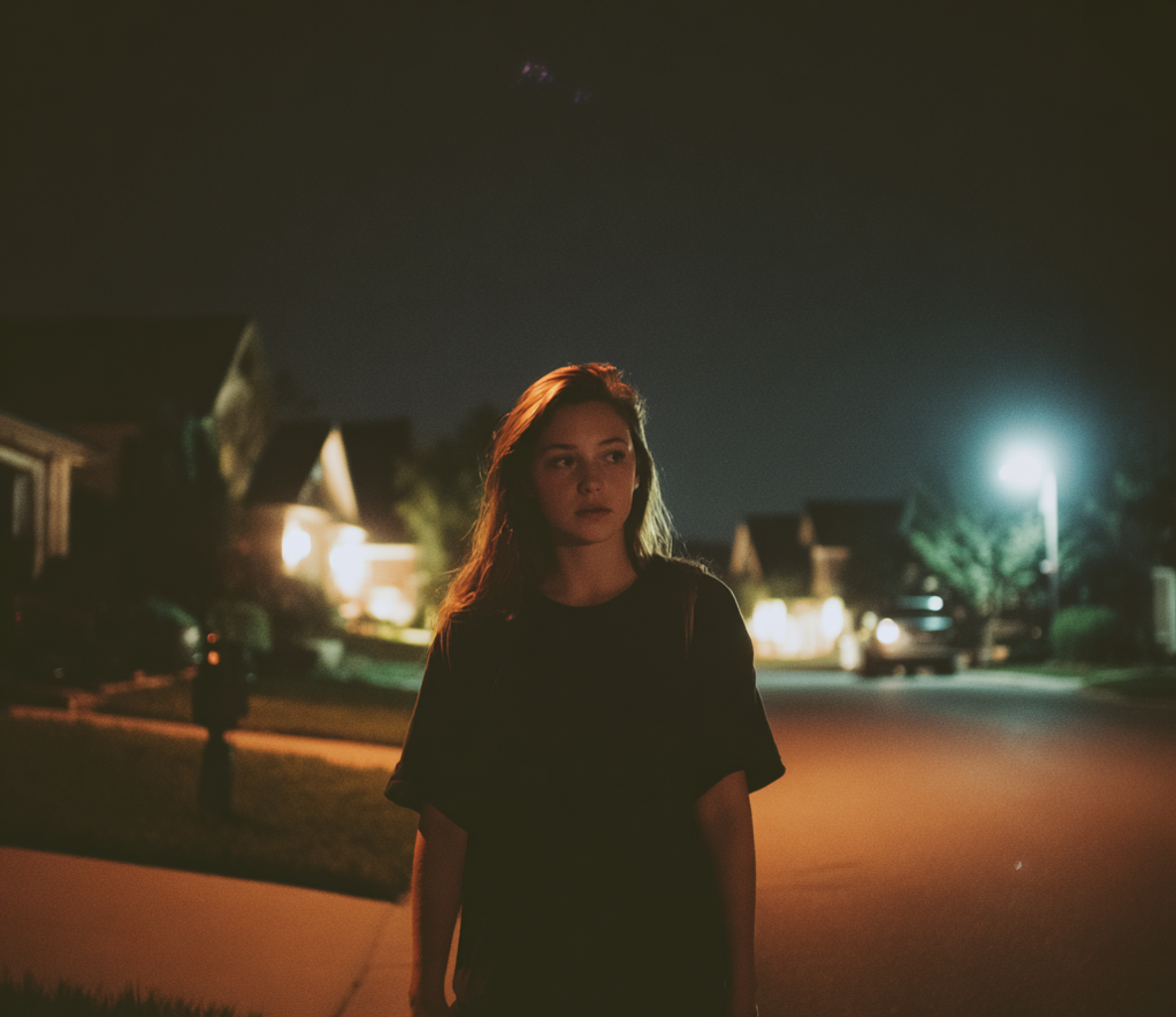A woman walking outside at night | Source: Midjourney