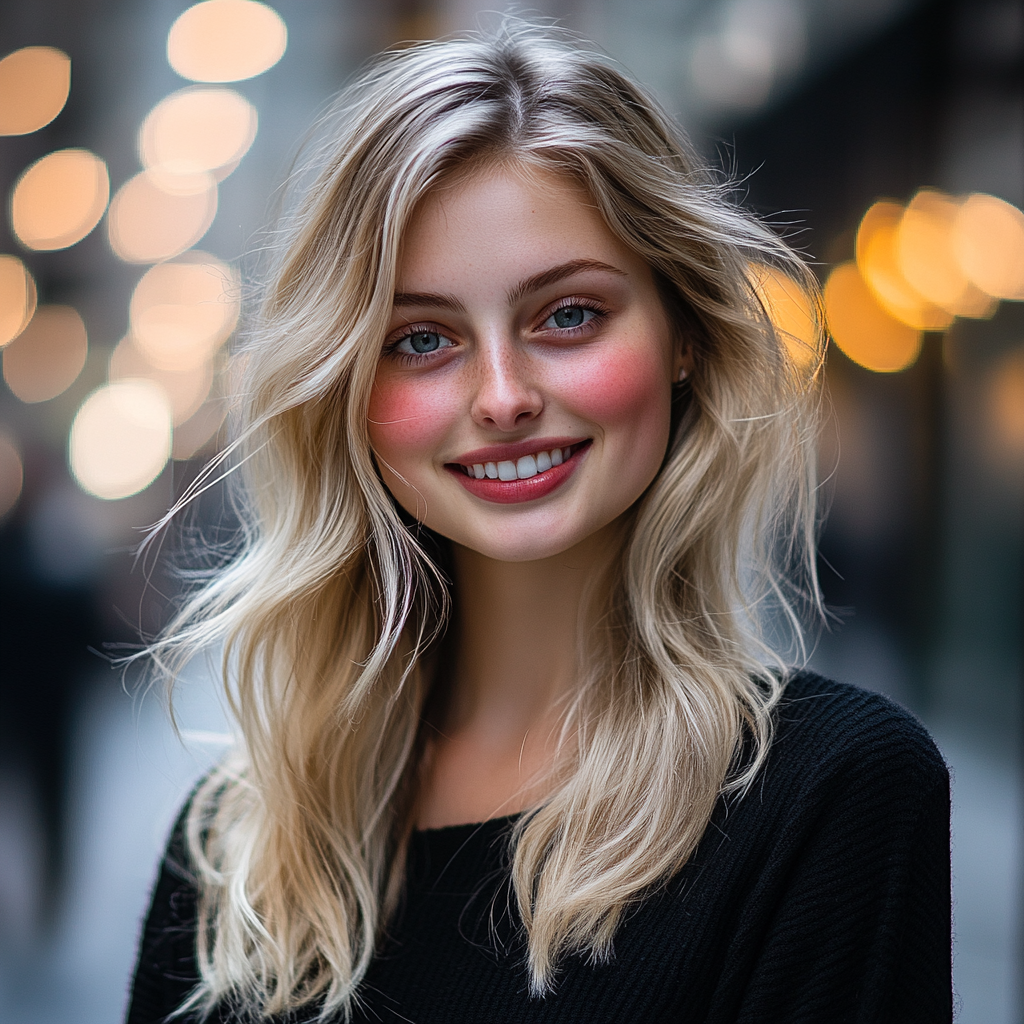 A young woman grins while looking at someone | Source: Midjourney