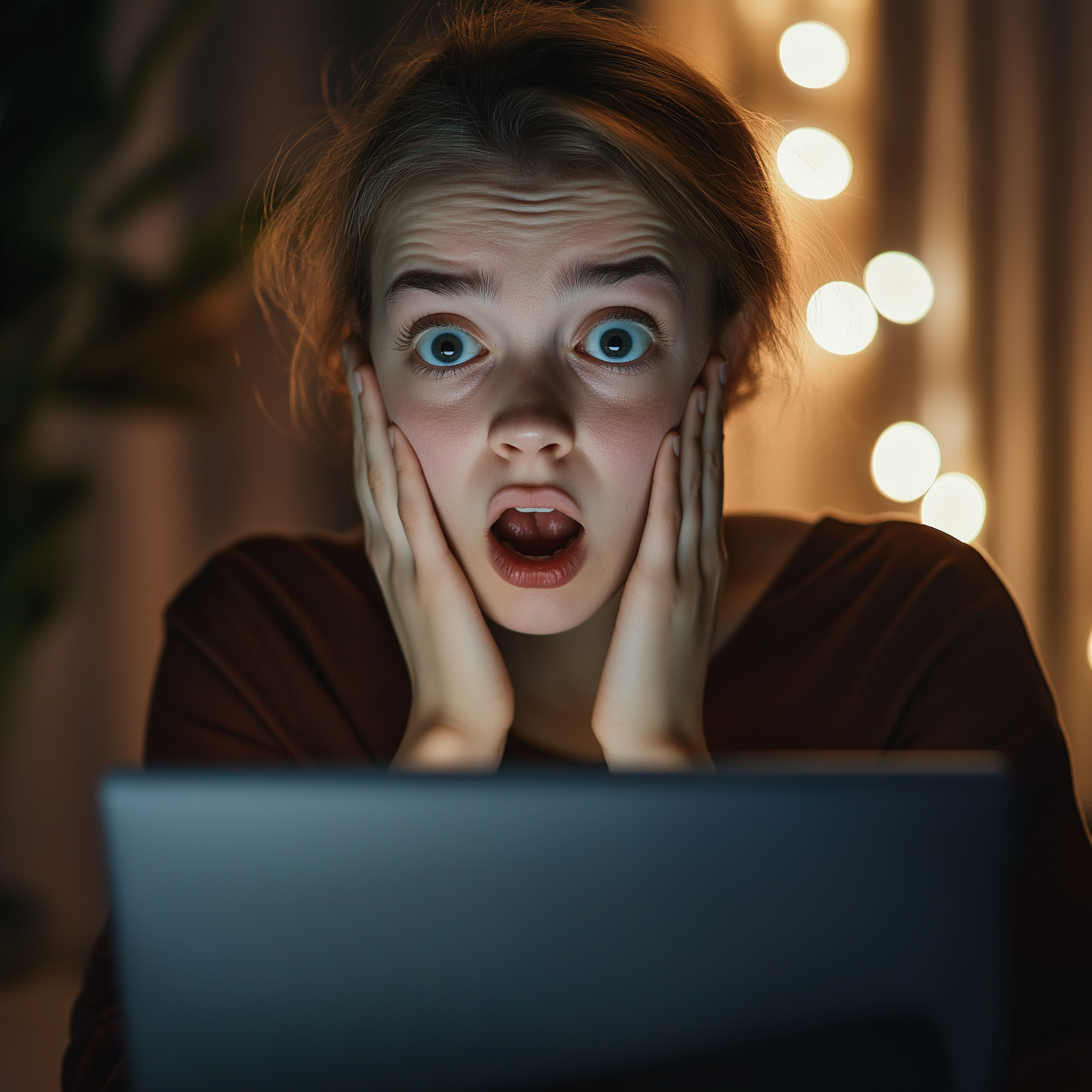 A closeup shot of a shocked woman looking at her laptop screen | Source: Midjourney