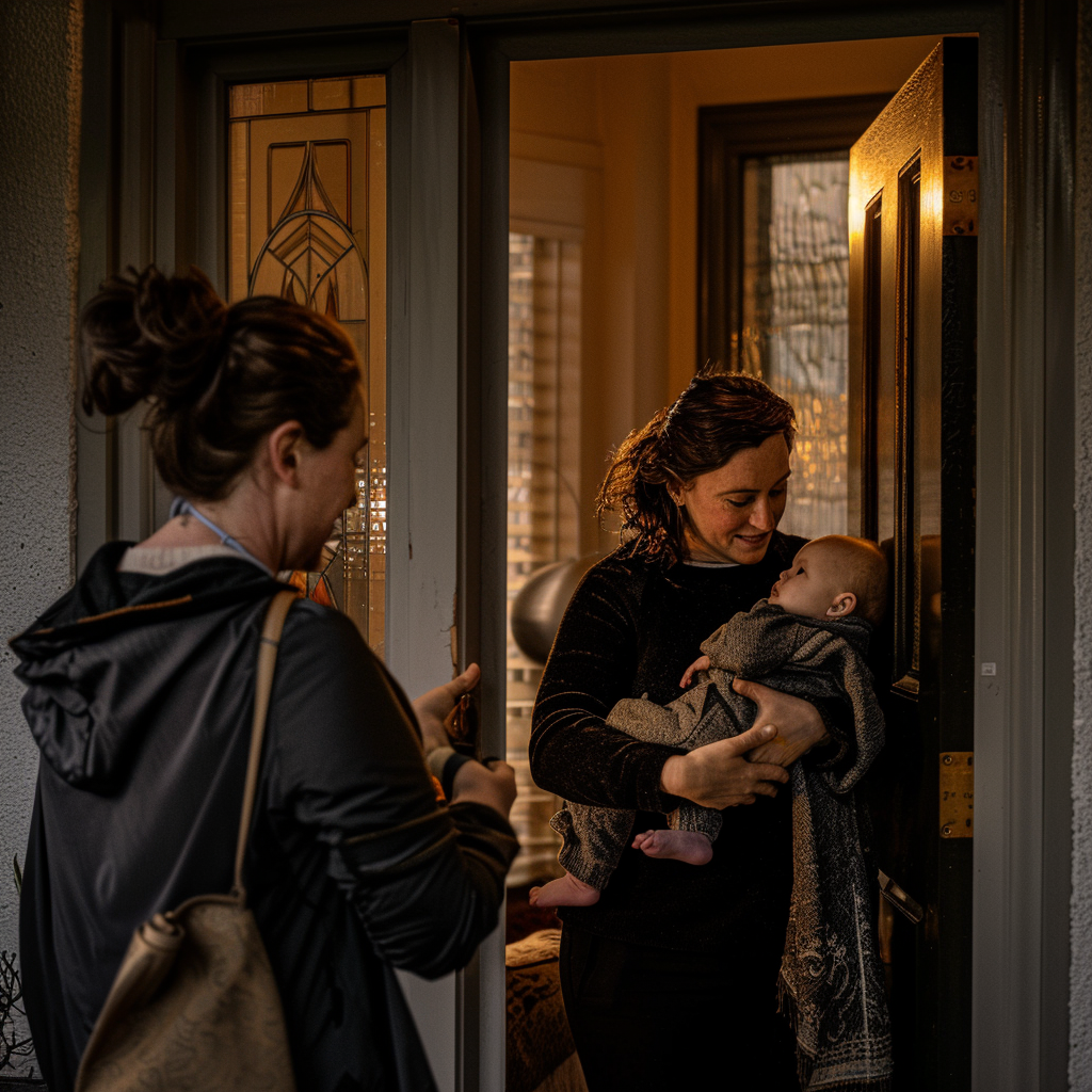 Sarah's sister welcoming her into her house | Source: Midjourney