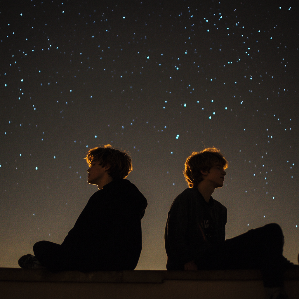 Dois meninos observando as estrelas em um telhado | Fonte: Midjourney