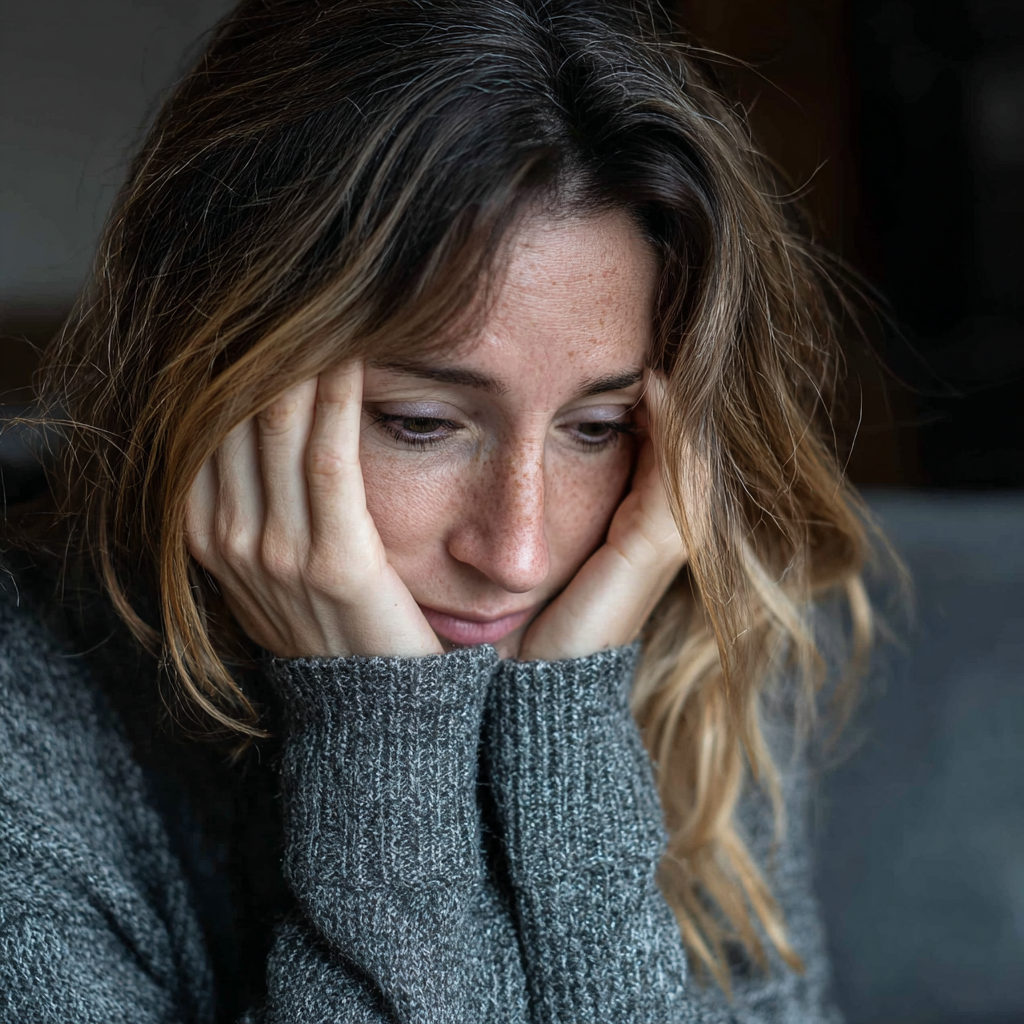 An upset woman holding her head | Source: Midjourney