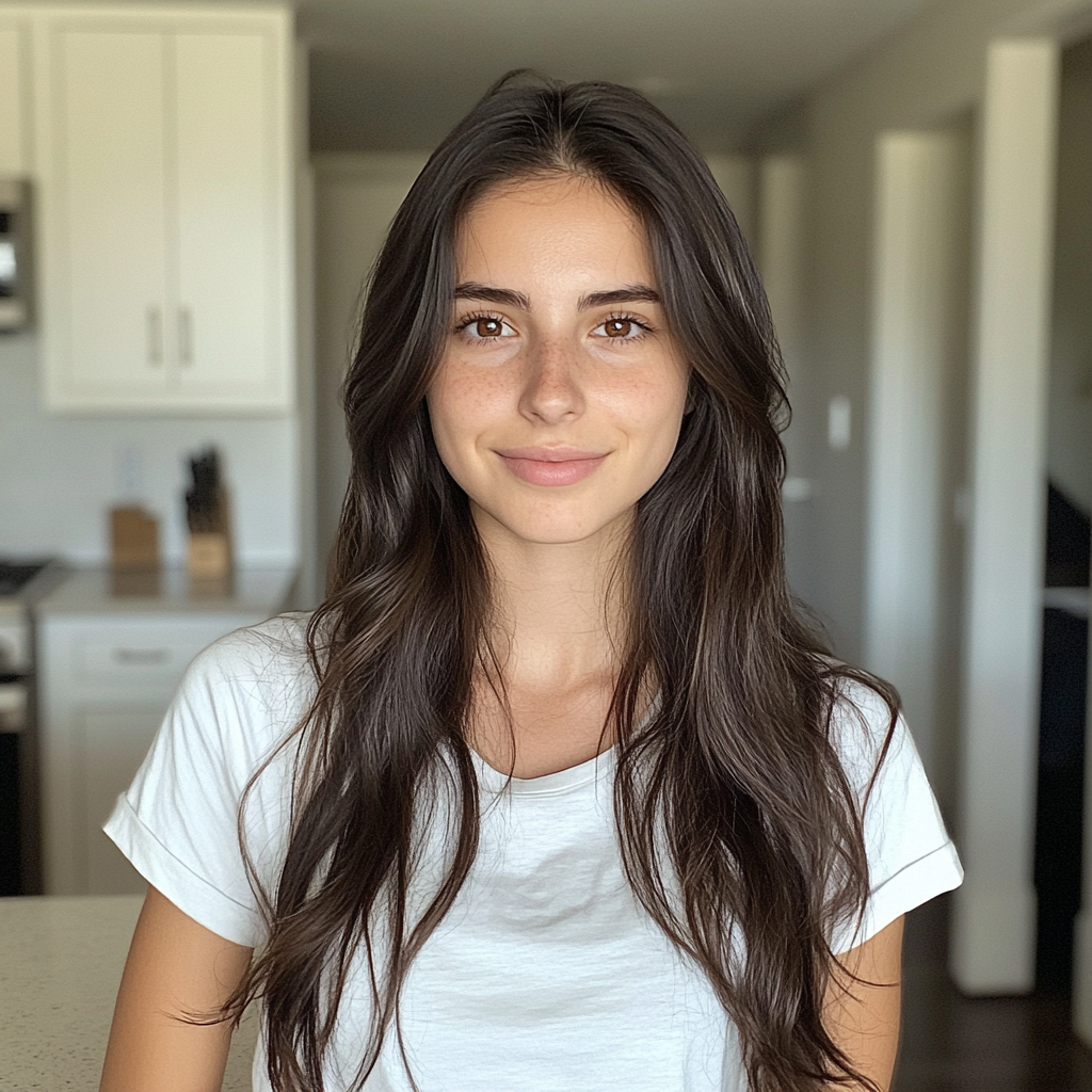 A smiling young woman wearing a white tshirt | Source: Midjourney
