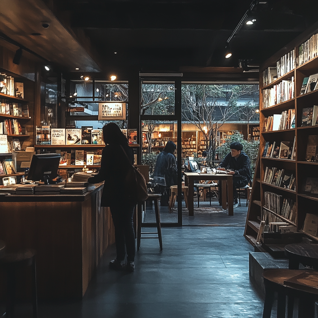 Des gens dans une librairie avec café. | Source : Midjourney