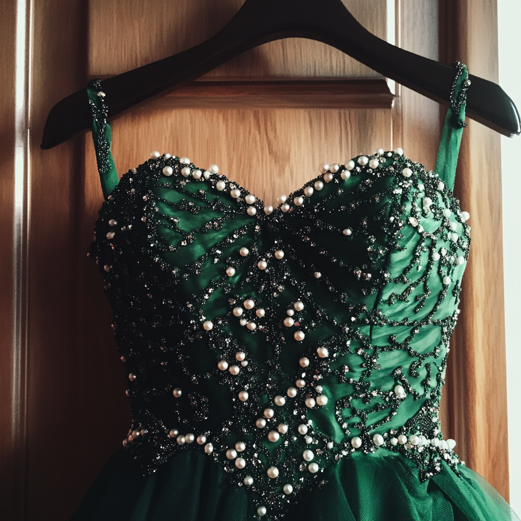 An emerald green prom dress on a hanger | Source: Midjourney