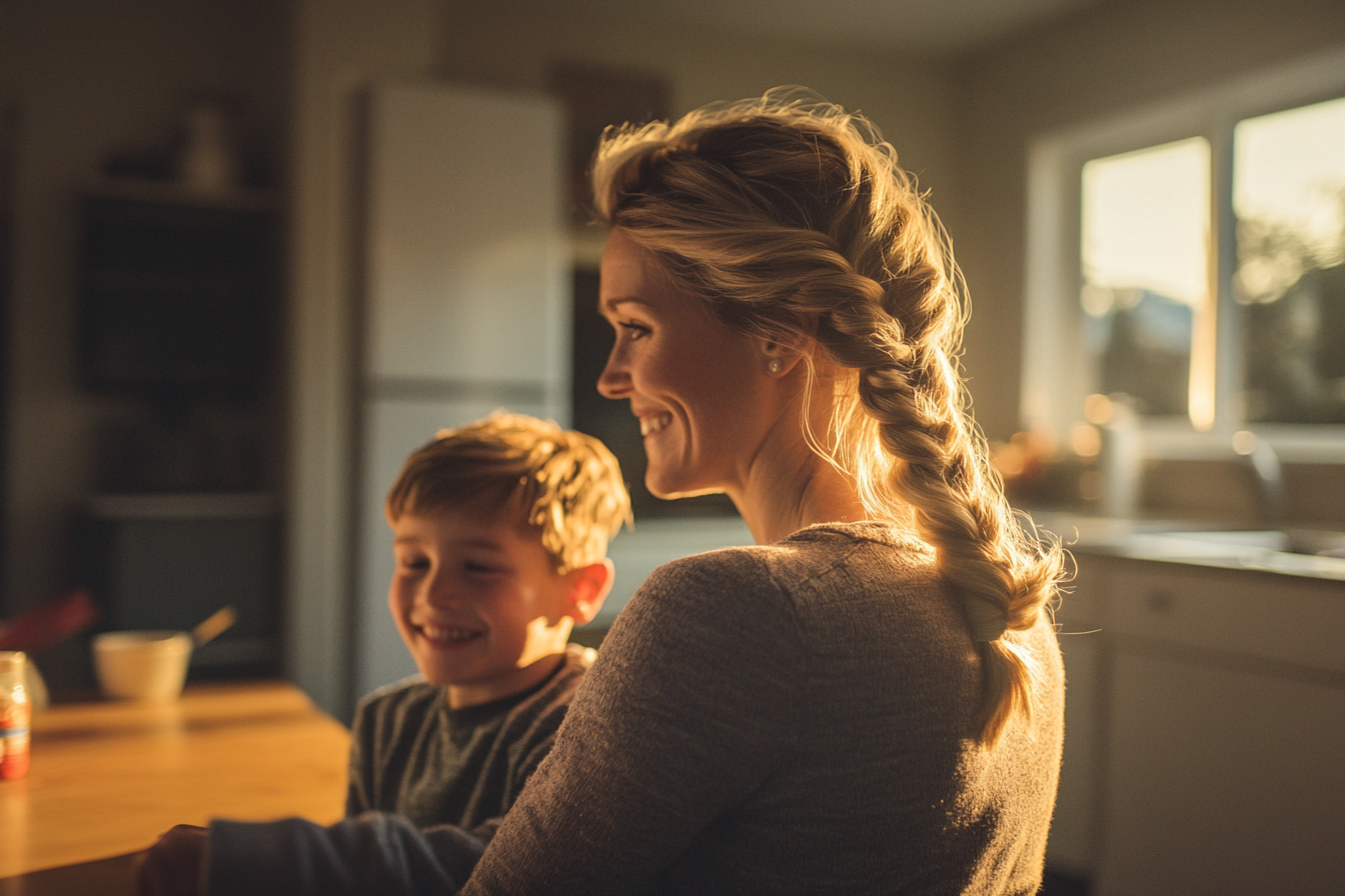 Woman in her 30s smiling with her 7-year-old son at the kitchen table in the morning | Source: Midjourney