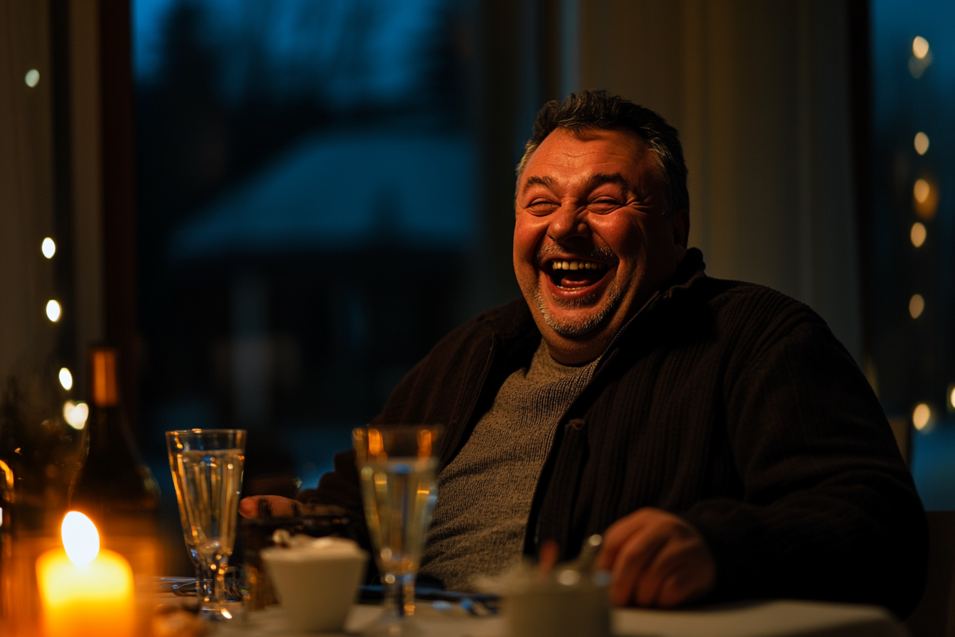 A man lauhing at a dinning table | Source: Midjourney