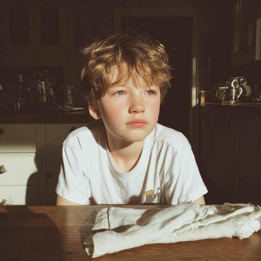 A little boy sitting at a table | Source: Midjourney