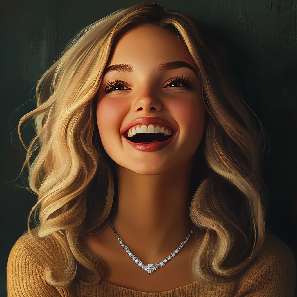 A cheerful woman wearing a diamond necklace | Source: Midjourney