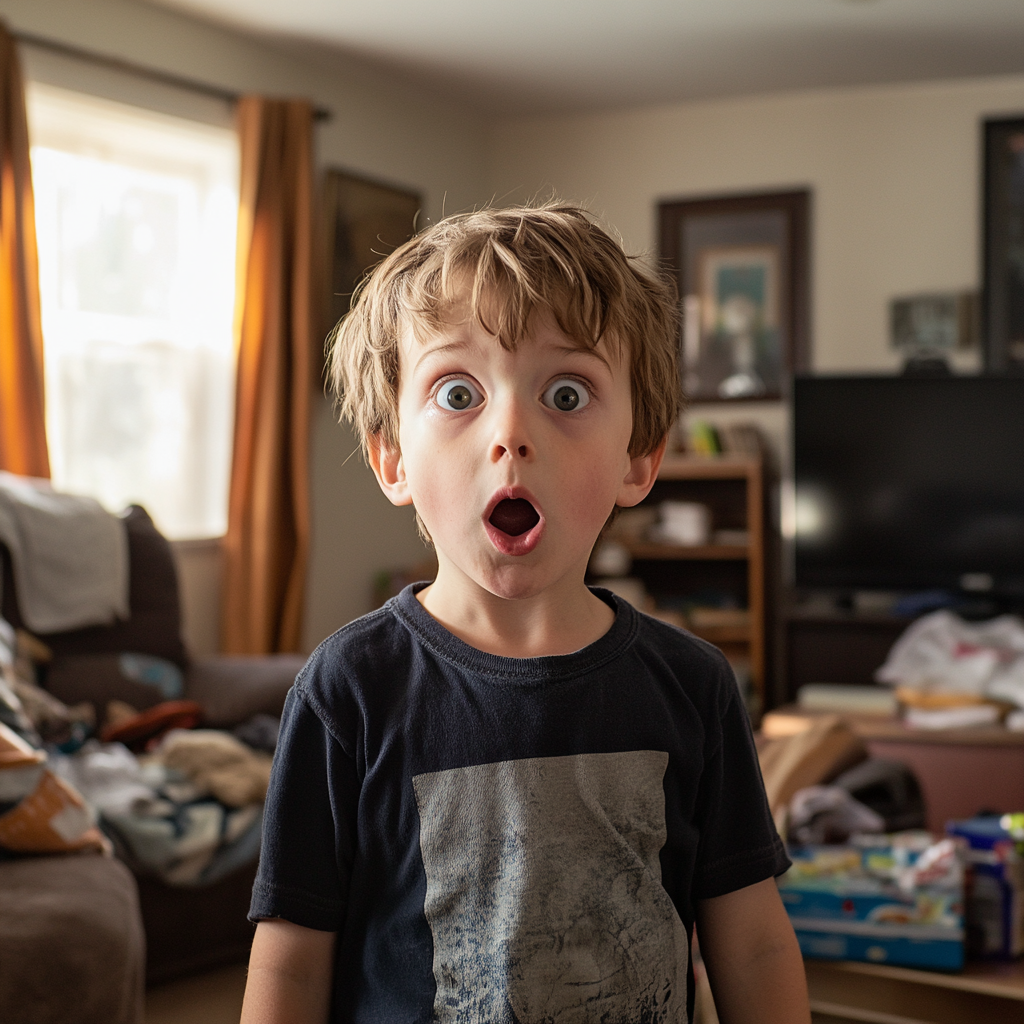 A shocked boy in a messy living room | Source: Midjourney