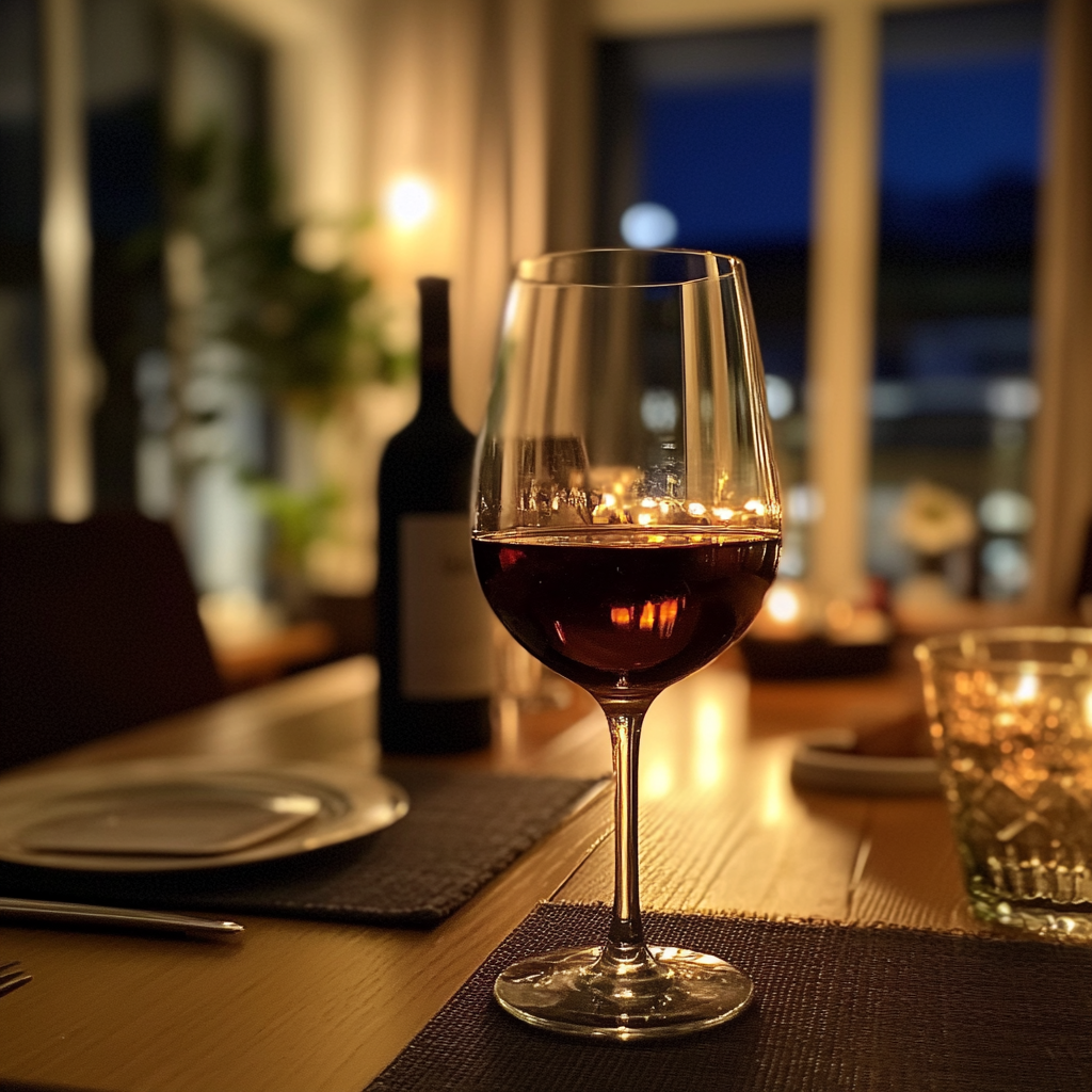 A glass of wine on a dining table | Source: Midjourney