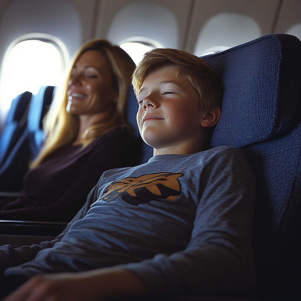 Un niño feliz y aliviado se sienta cómodamente en su asiento de avión con su madre a su lado | Fuente: Midjourney