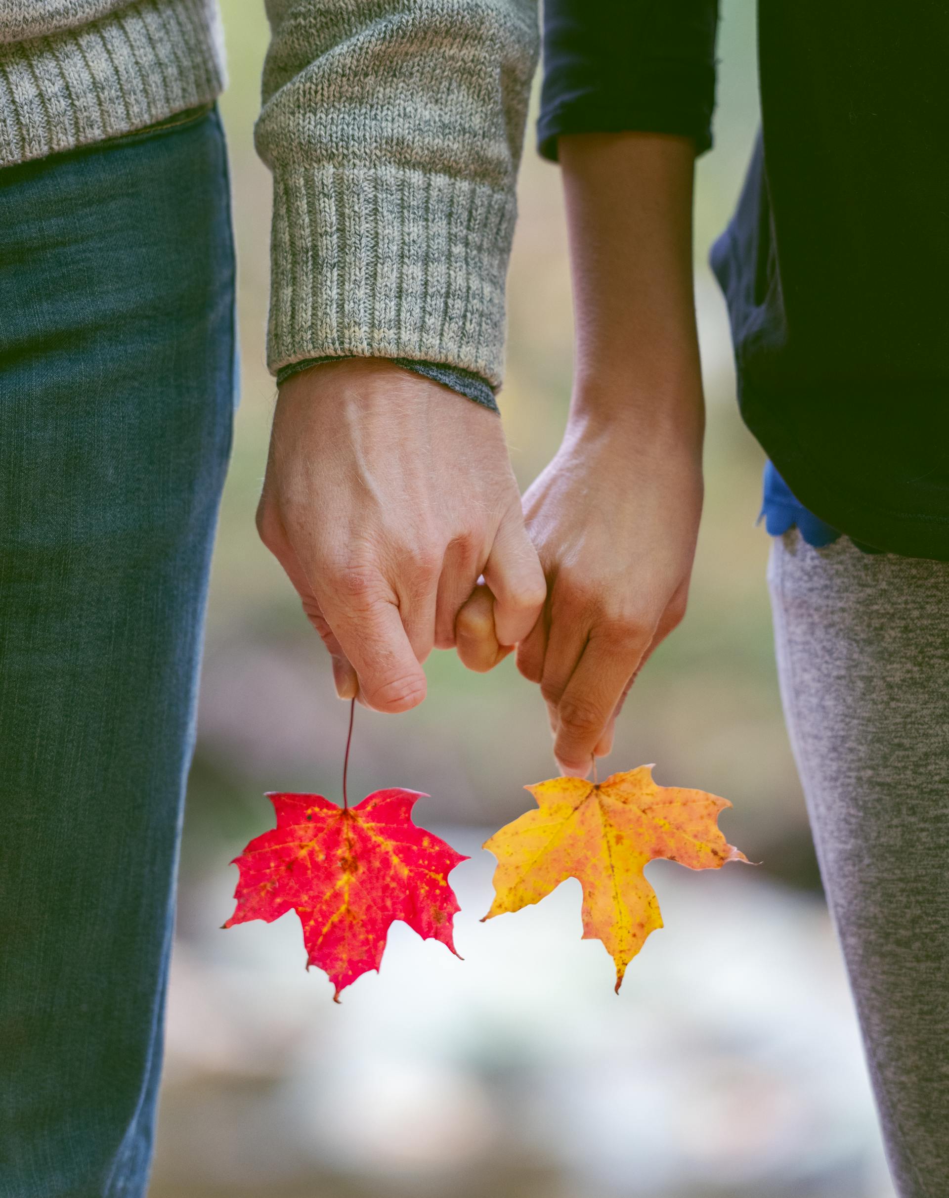 A couple holding autumn leaves with their little fingers intertwined | Source: Pexels