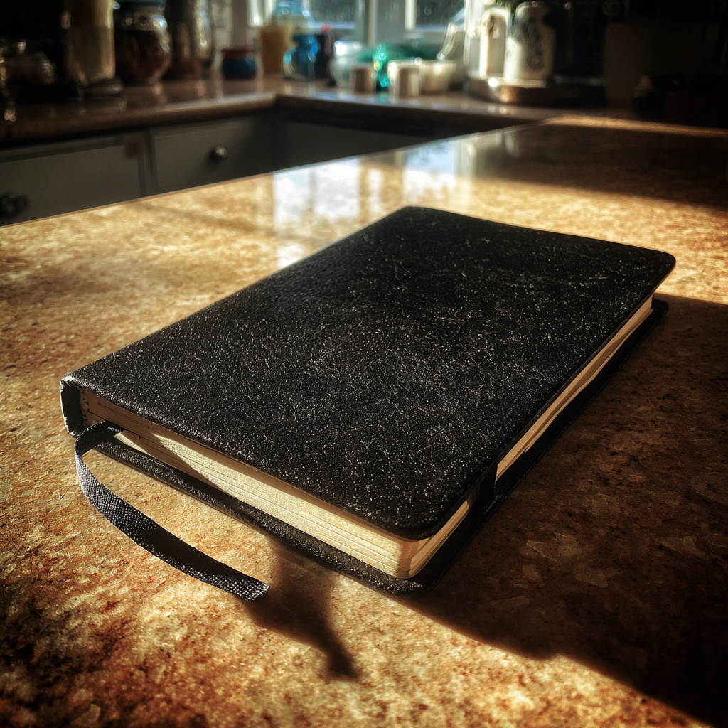A black diary on a kitchen table | Source: Midjourney