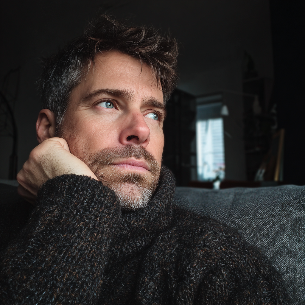 A pensive man sitting on a couch | Source: Midjourney
