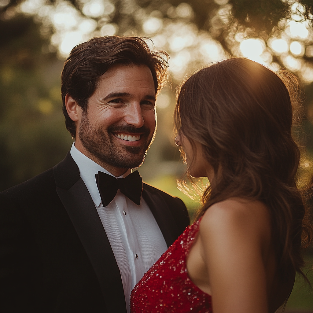 A happy man talking to his girlfriend at a wedding | Source: Midjourney